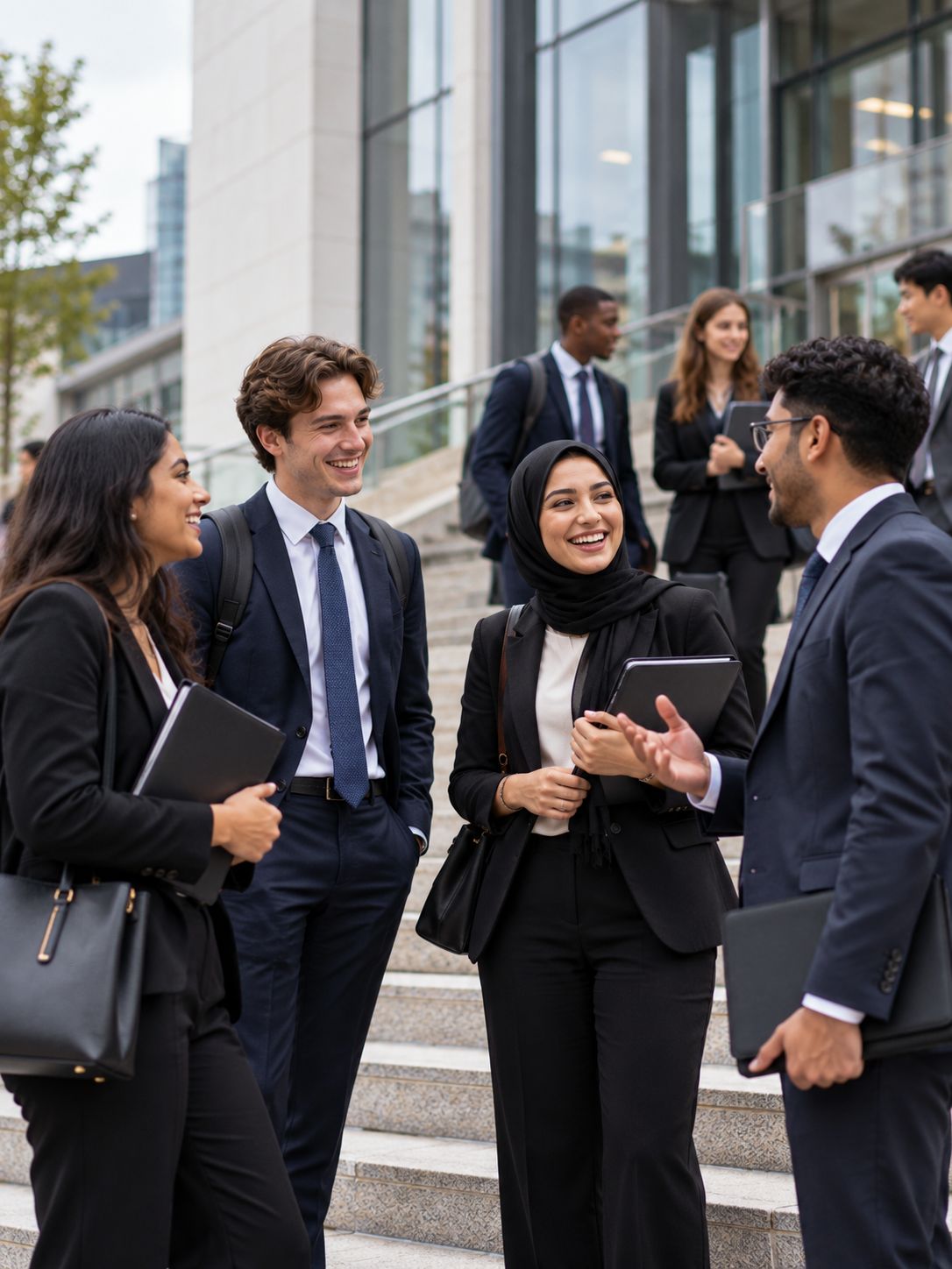Law students in professional dress talking on the steps of a modern London university building
