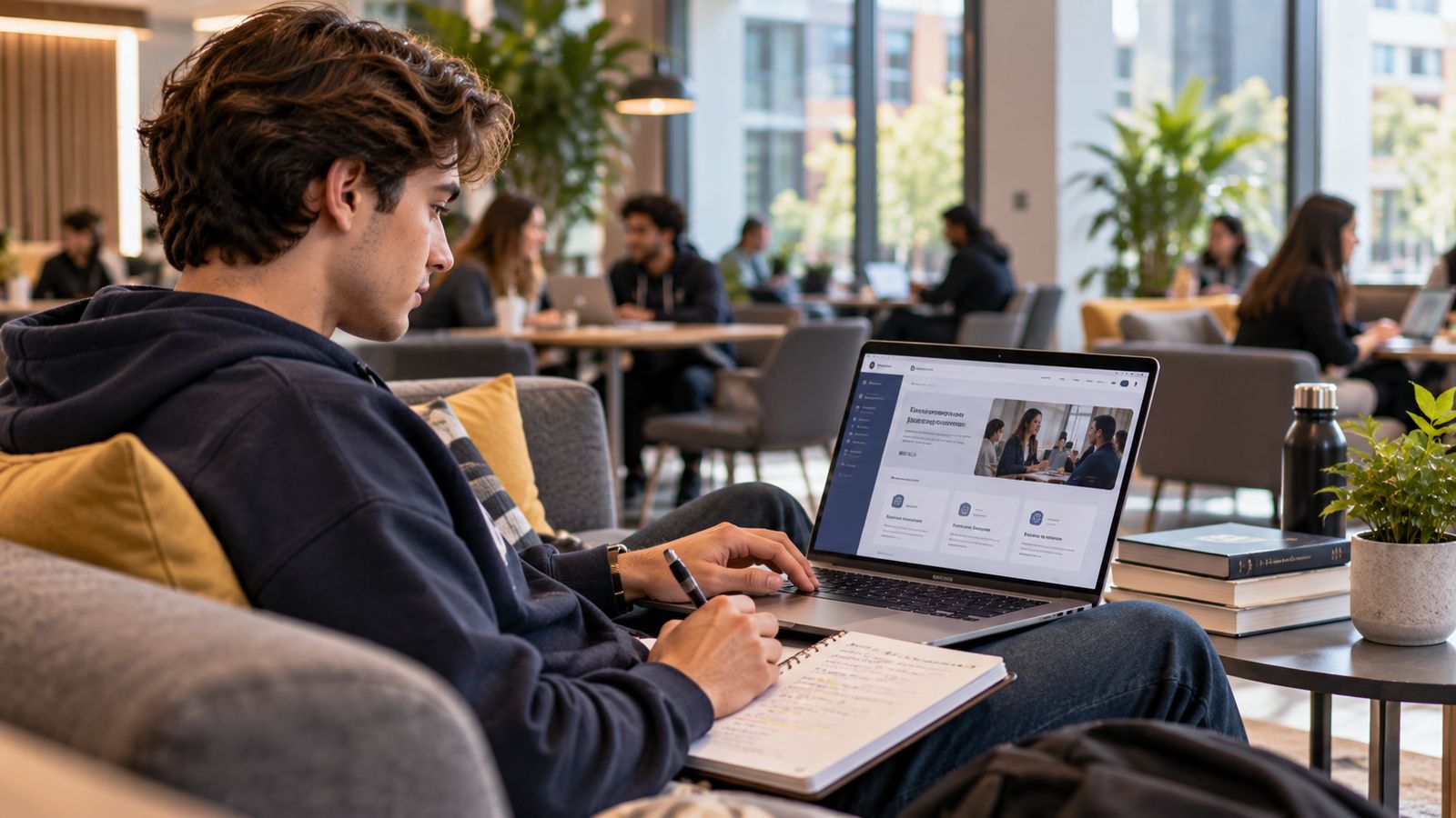 A student reviewing session materials on a laptop in a university common area
