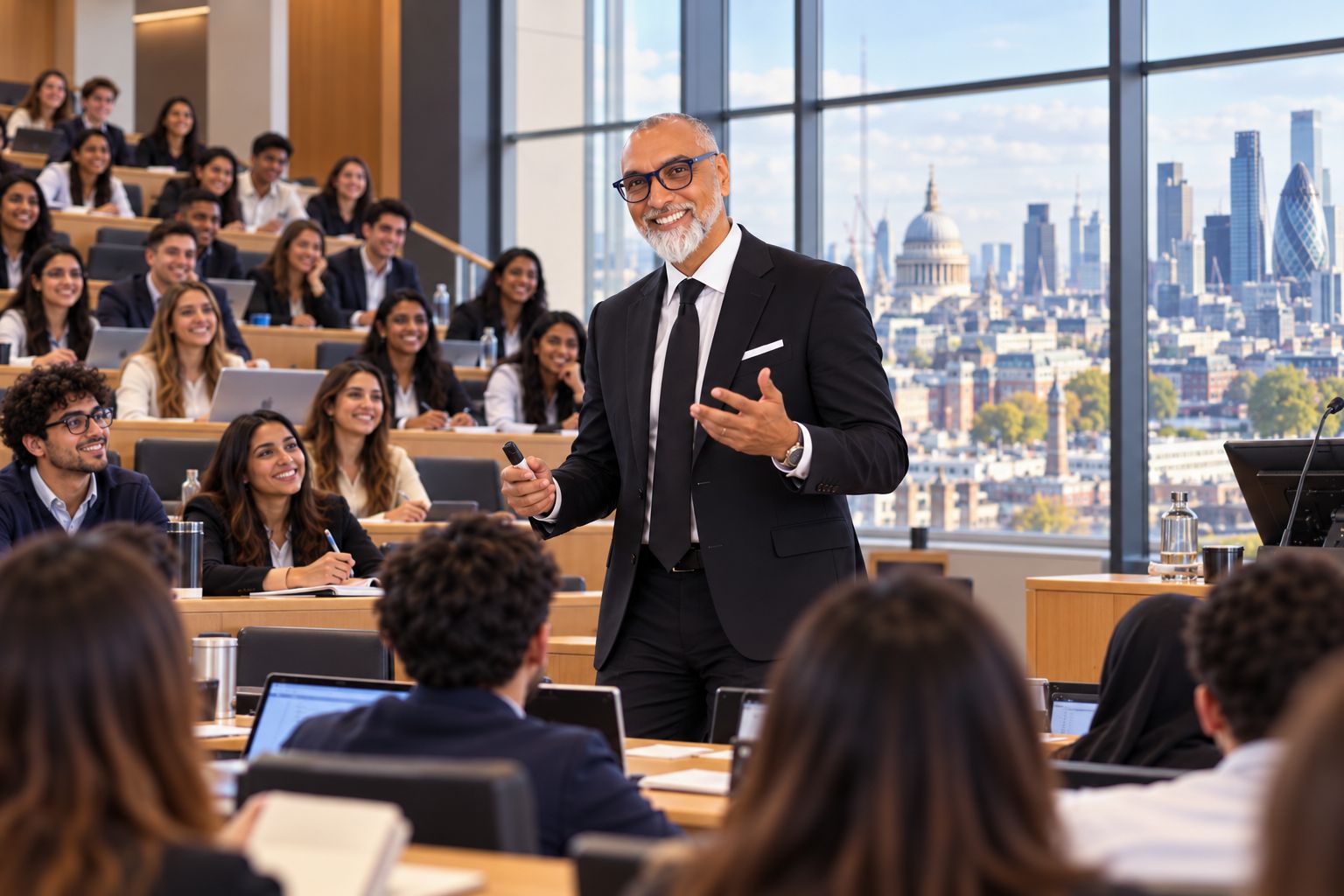 Rifat Sheikh teaching a large cohort of law students, with the City of London through the windows