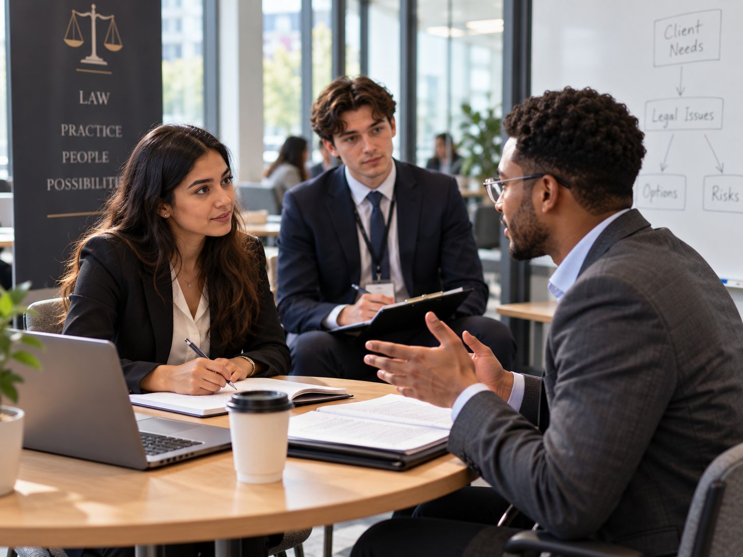 Students role-playing a client meeting while a peer observes and takes notes
