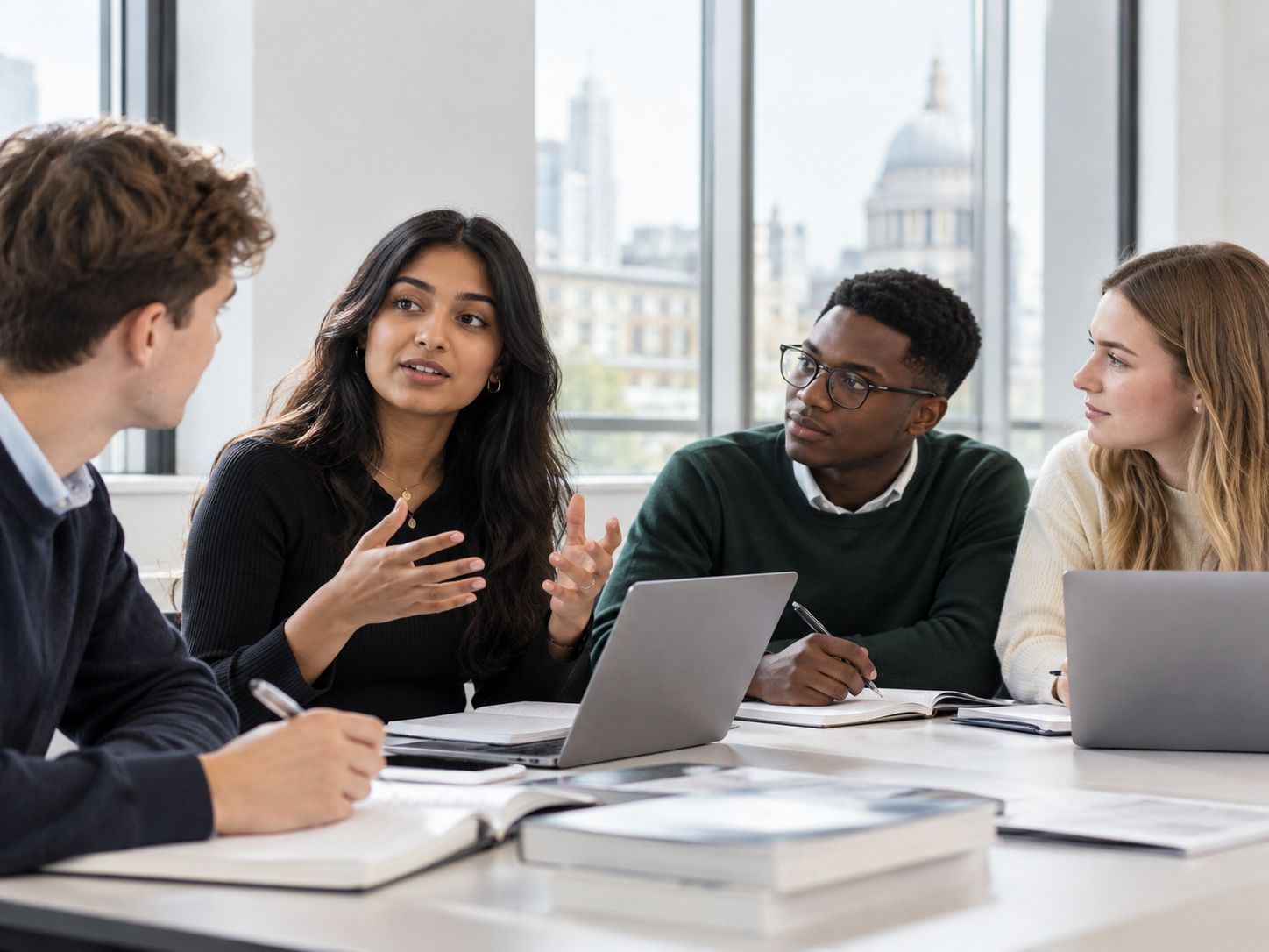 Four law students in discussion around a seminar table, St Paul's visible through the window