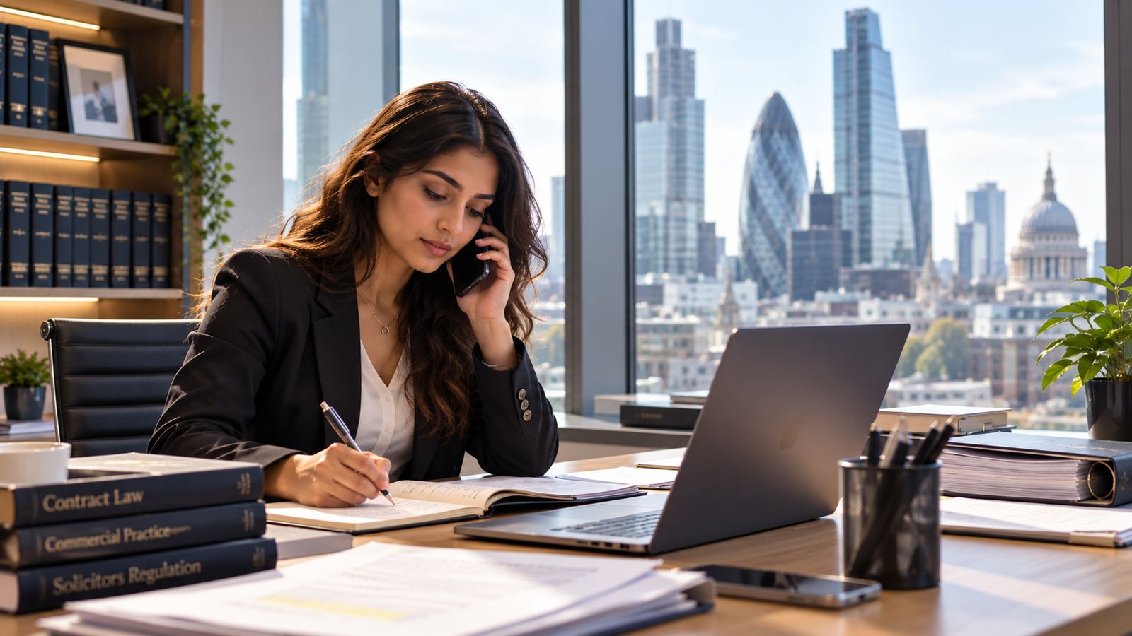 A trainee solicitor taking notes during a client call in a City office