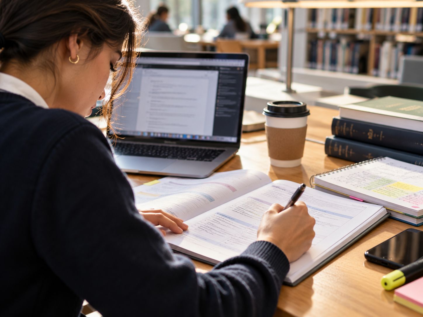 A student writing in a structured workbook at a library desk, laptop and coffee beside her